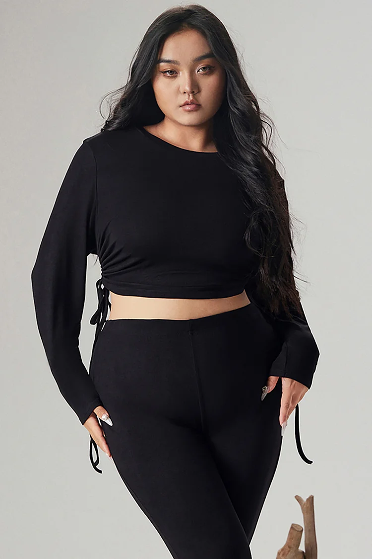 Xpluswear Design Plus Size Casual Blouse Black Round Neck Long Sleeve Ruched Knitted Blouse [Pre-Order]