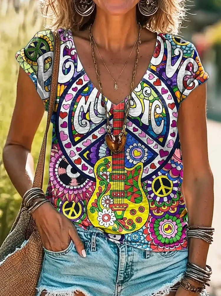 Women's Hippie Music Art Print 100%Cotton V-neck T-Shirt