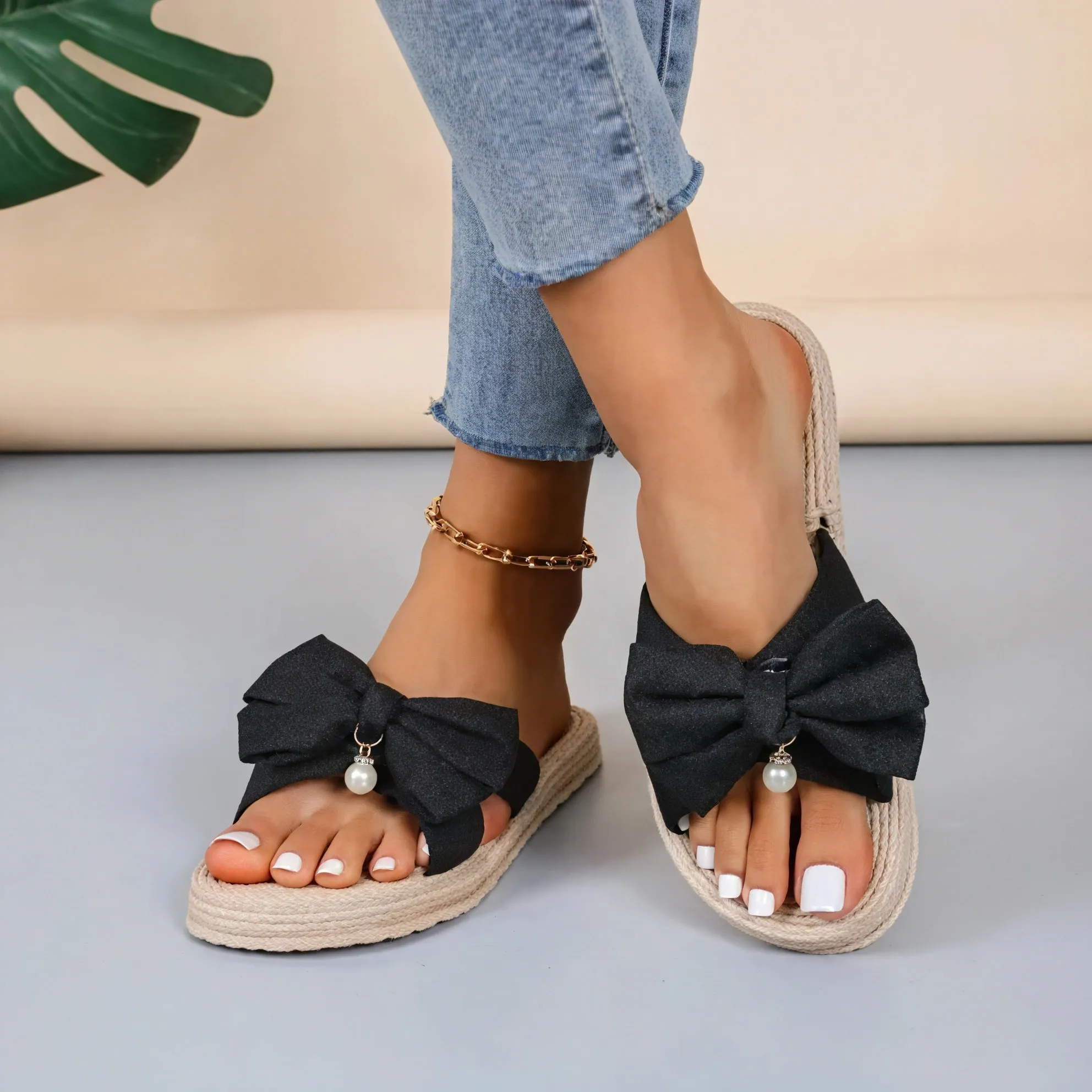 Damen Pantoletten – Schleifen-Detail, Seilsohle, Slip-On Stil-60191-370f2cae-2171-4241-ac35-0100cf2d0c08