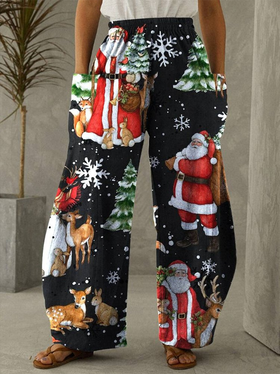 Christmas Tree Santa Claus Print Vintage Pants