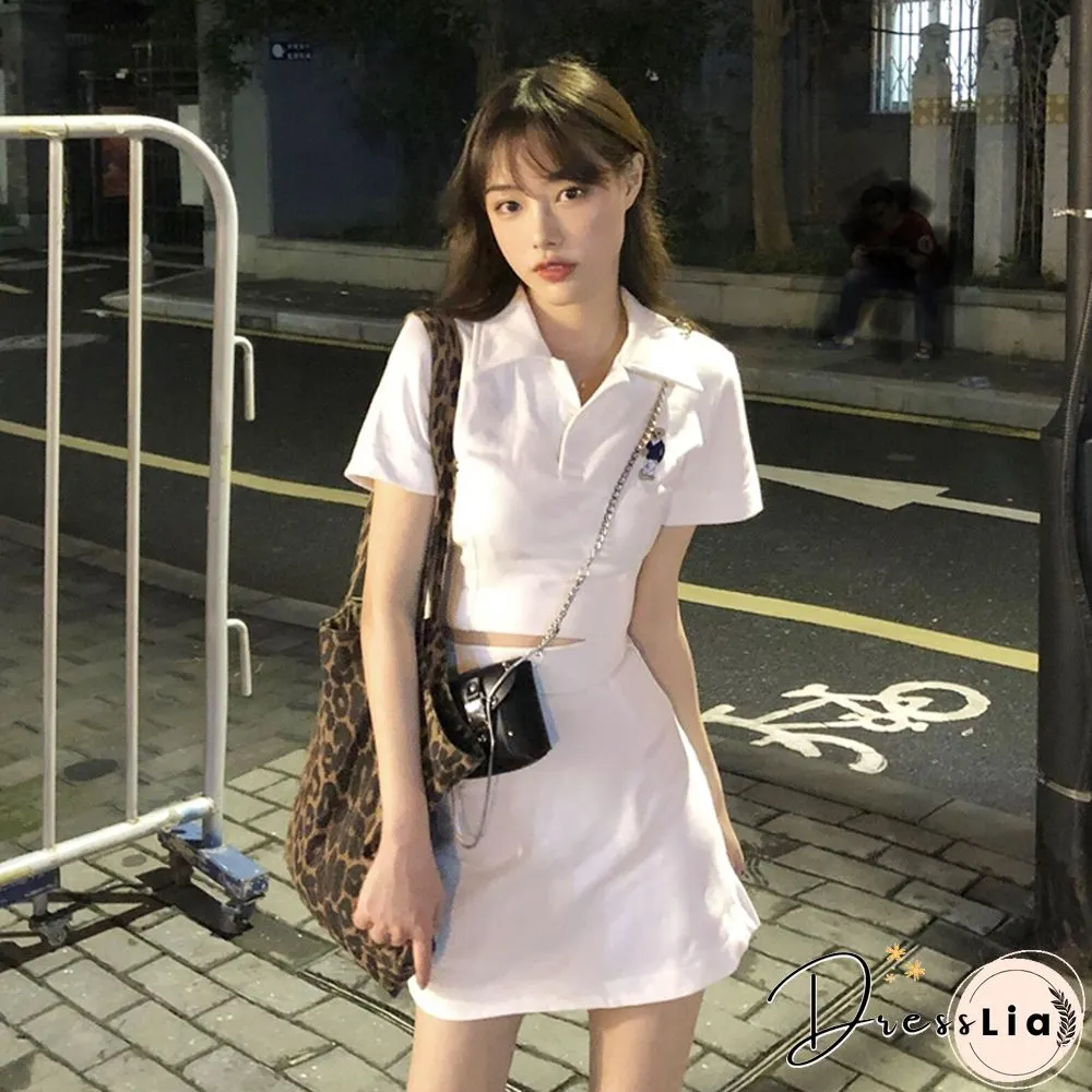 Sets Women Button Turn-Down Collar Crop Tops Embroidery Printed T-Shirts Sexy Mini Skirts