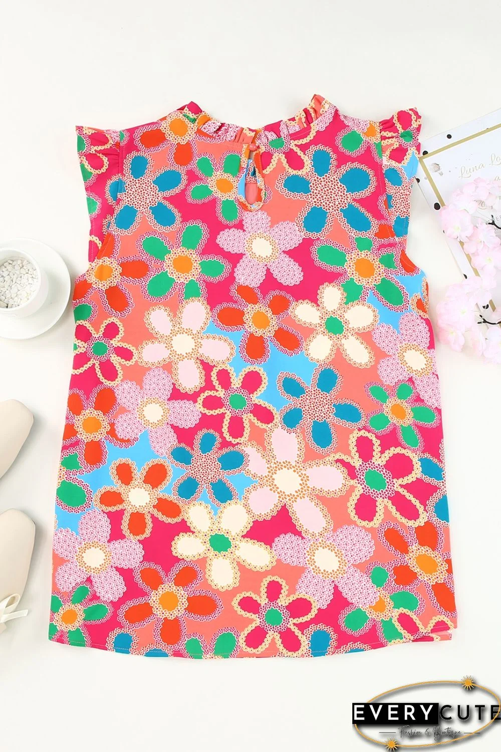 Pink Embroidered Detail Floral Print Ruffle Trim Tank Top