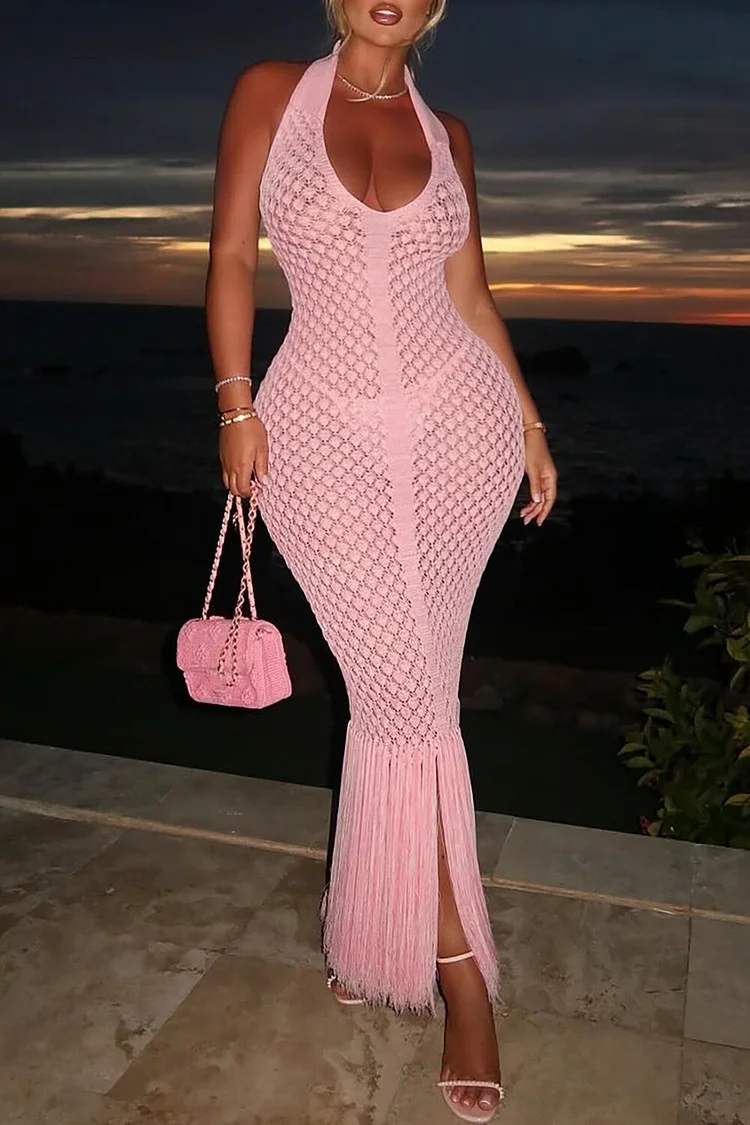 Textured Knit Halter Neck Bodycon Fringed Hem Maxi Dresses-Pink