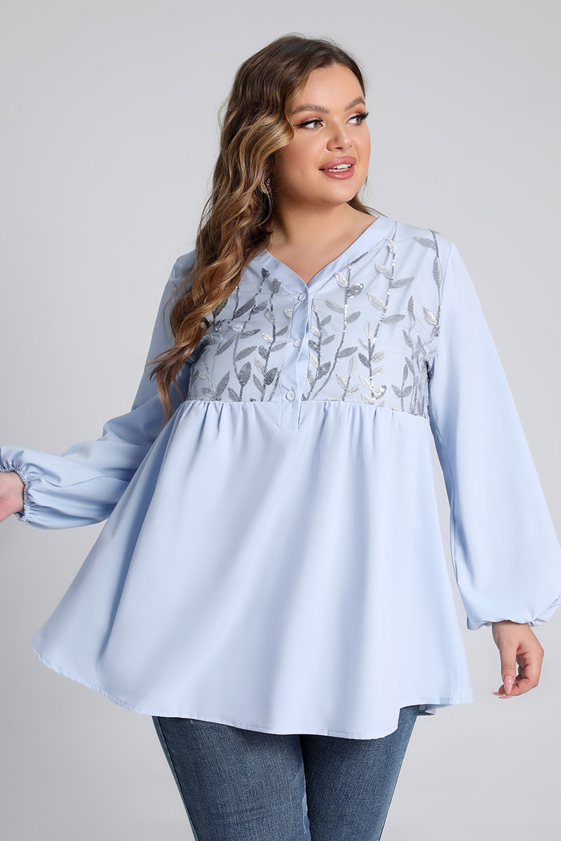 Plus Size Leaf Sparkly Lantern Half Sleeve V Neck Tunic Blouse 2024 - Flycurvy 