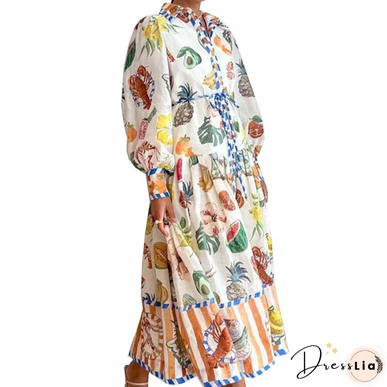 Women's Sleeve Printing Lapel Long Sleeves Large Dresses