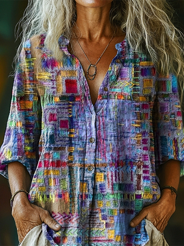 Vintage Ethnic Art Print Casual 3/4 Sleeves Hollow Denim Shirt main image 1