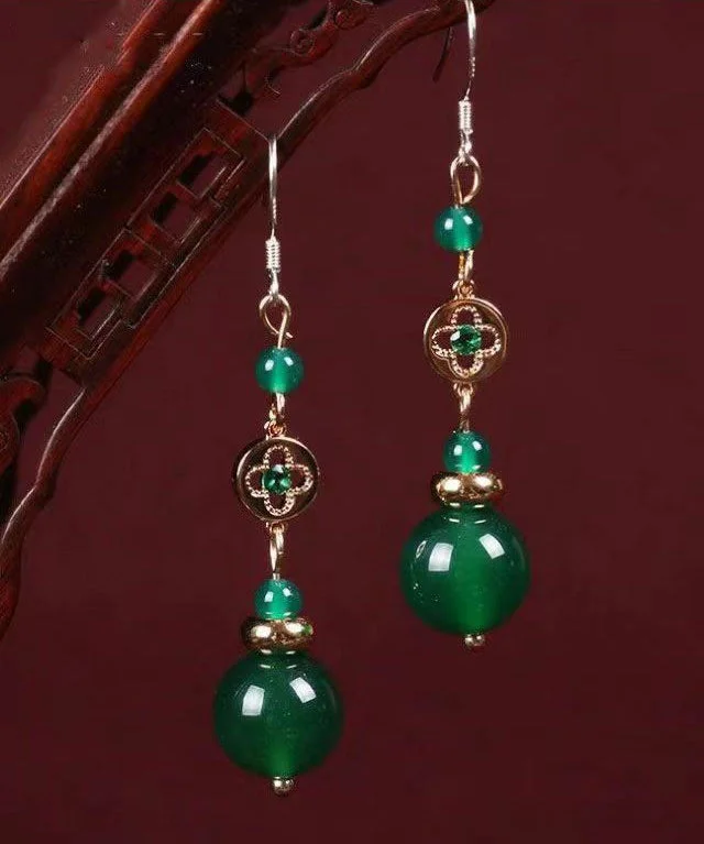 Vintage Green Sterling Silver Crystal Gem Stone Drop Earrings