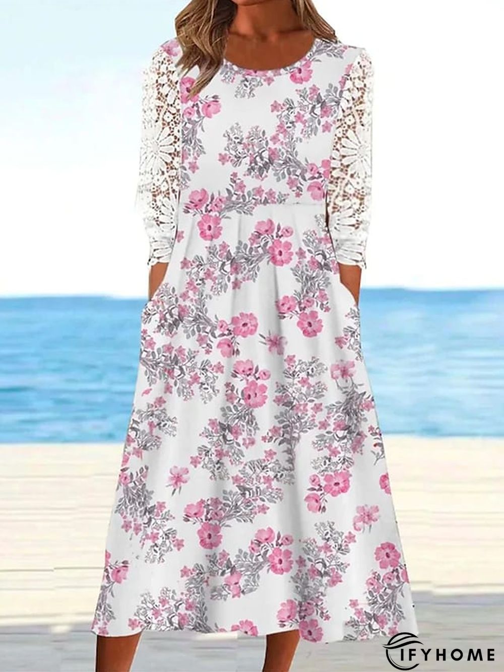 Women's Casual Dress Summer Dress Print Dress Floral Lace Print Crew Neck Midi Dress Active Fashion Daily Holiday 3/4 Length Sleeve Regular Fit White Spring Summer S M L XL XXL | IFYHOME