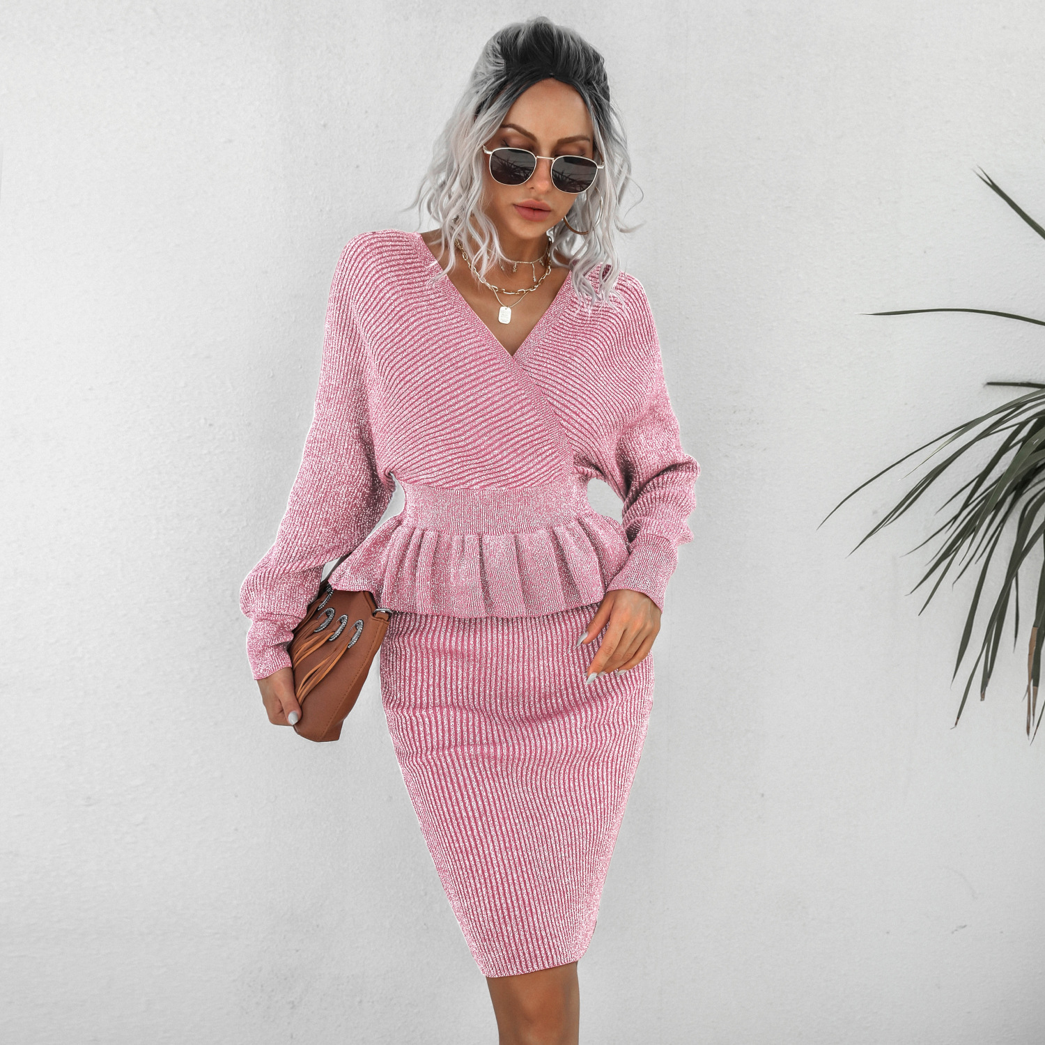 Knitting Skirt Two-Piece Suits Korea Style Long-Sleeved Bright Silk Suit Female Fall Winter New Long Pockets Hip Ruffle Waist