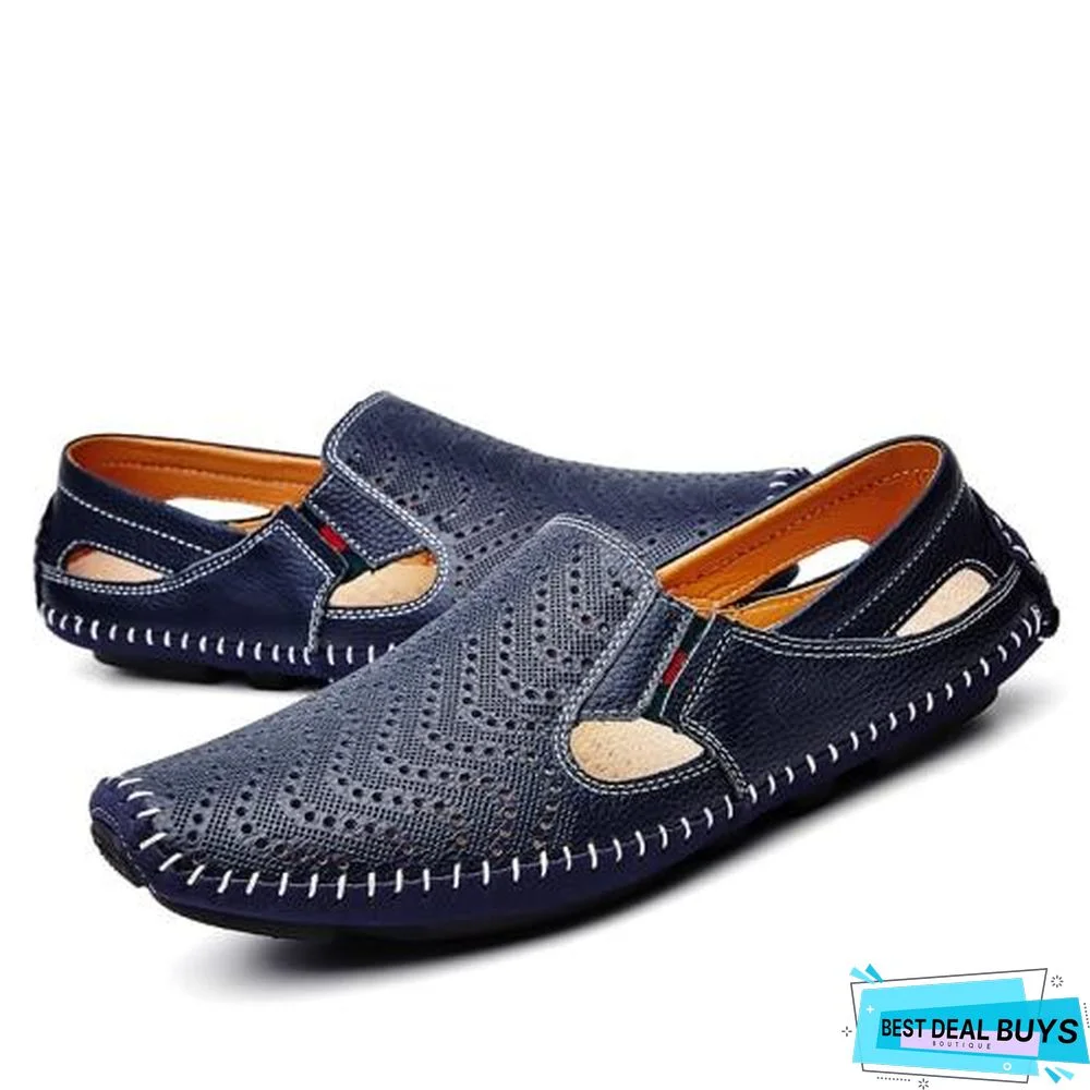 Men Leather Plus Size Sandals Casual Slip-On Summer Beach Shoes