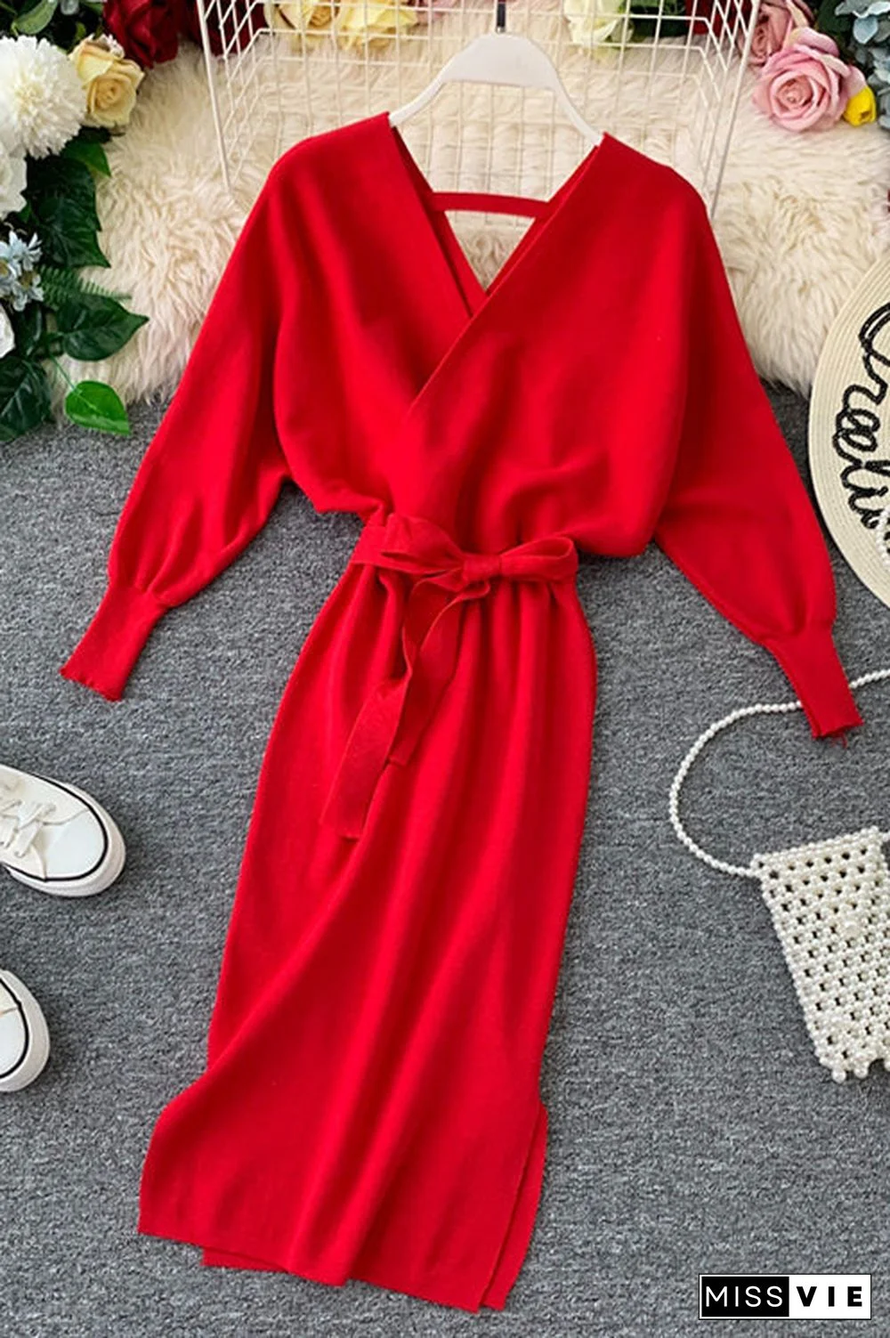 Surplice Wrap Side Slit Sweater Dress