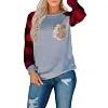 Women's base shirt Plaid sleeve printed stitching sequin pocket round neck long sleeve T-shirt for women