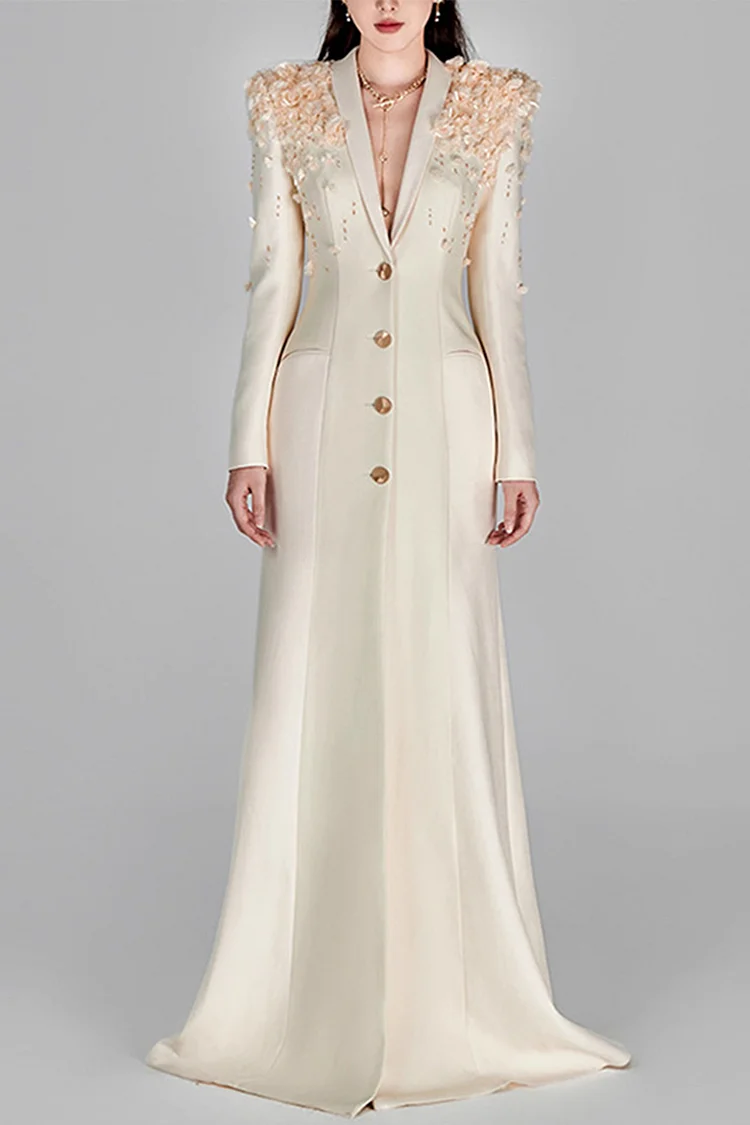 Beaded 3D Floral Shawl Lapel Button Maxi Dress-Beige