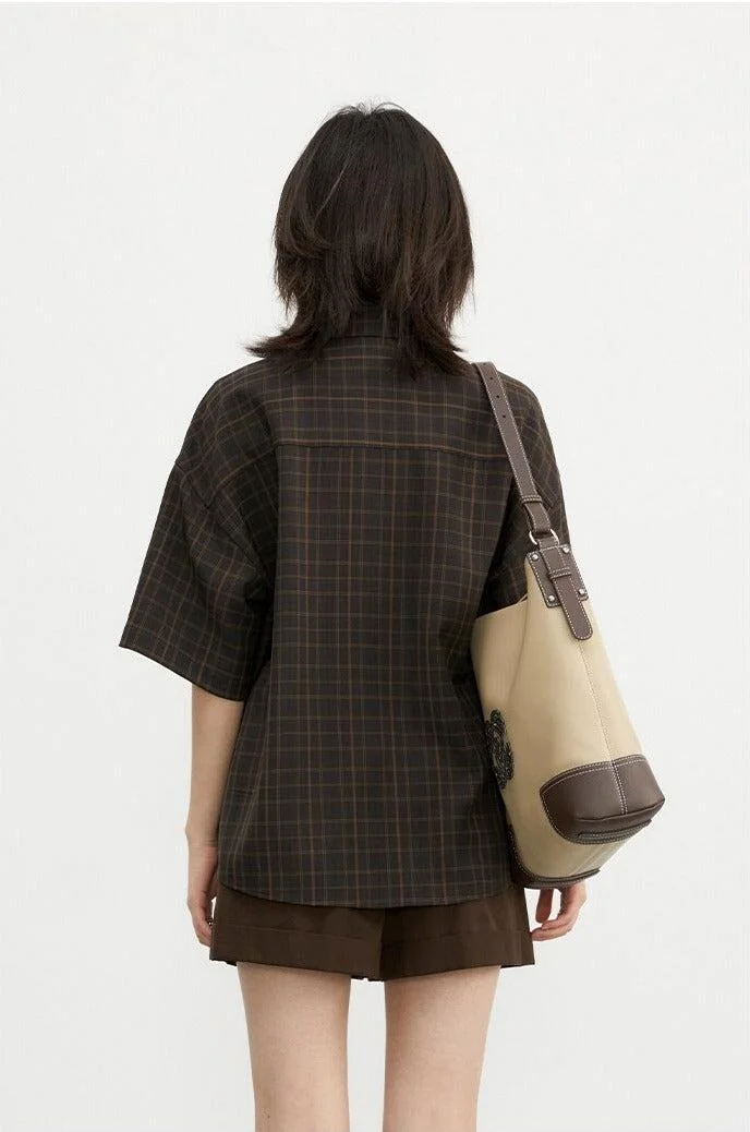 Brownm Academia V-Neck Plaid Shirt