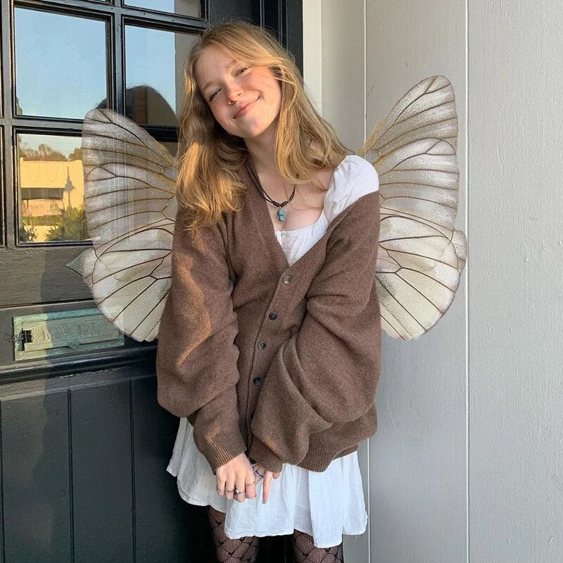 Autumn Loose Brown Grunge Sweaters Button Up Vintage Solid Harajuku V-neck Cute Cardigans Aesthetic Kawaii Outfits Cuteandpsycho