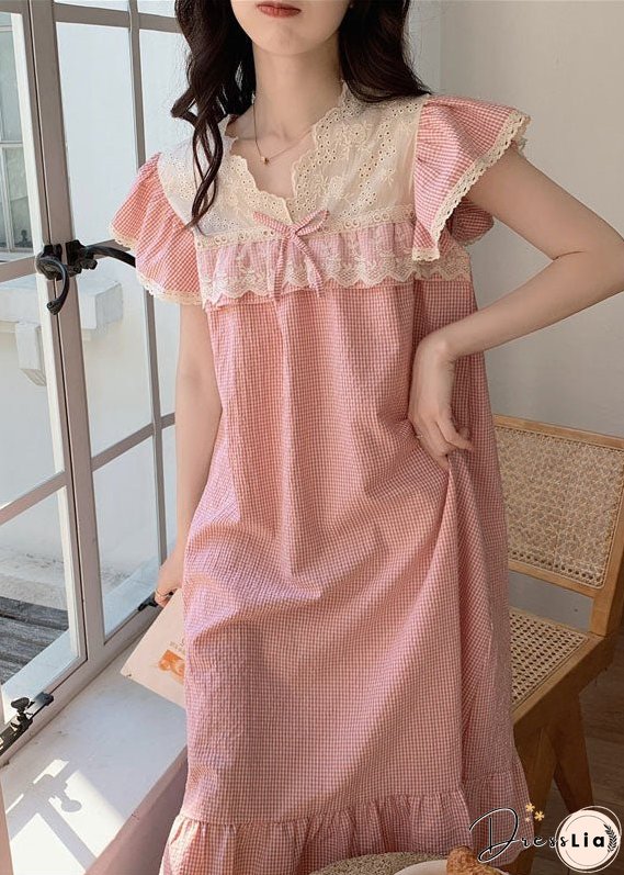 Italian Pink Lace Patchwork Ruffled Plaid Print Cotton Dress Summer
