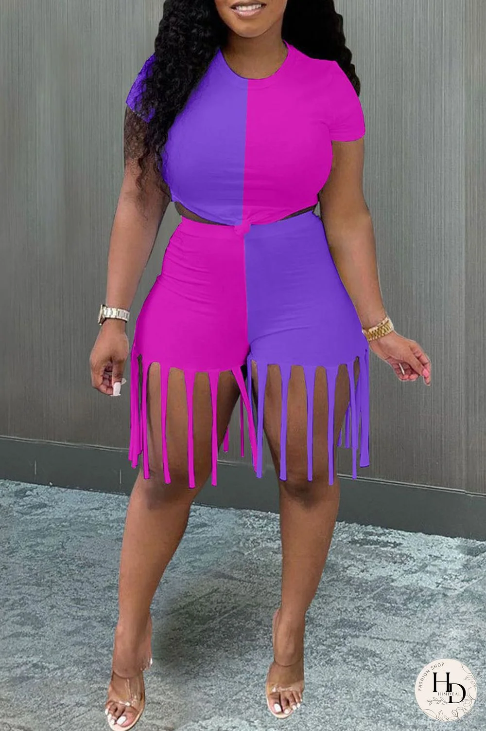 Yellow Blue Fashion Casual Patchwork Tassel O Neck Short Sleeve Two Pieces