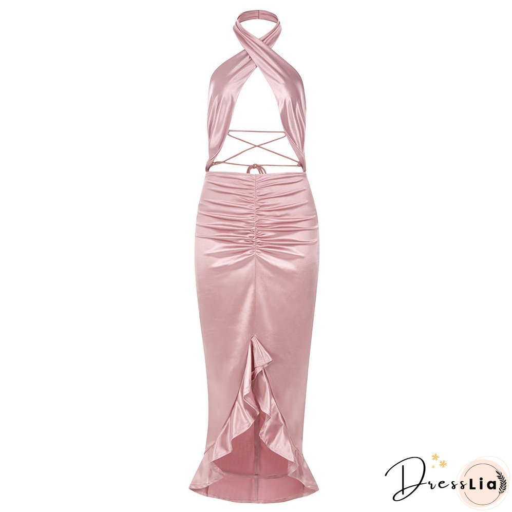 Halter Sleeveless Midi Hollow Out Bodycon Dress HB76640