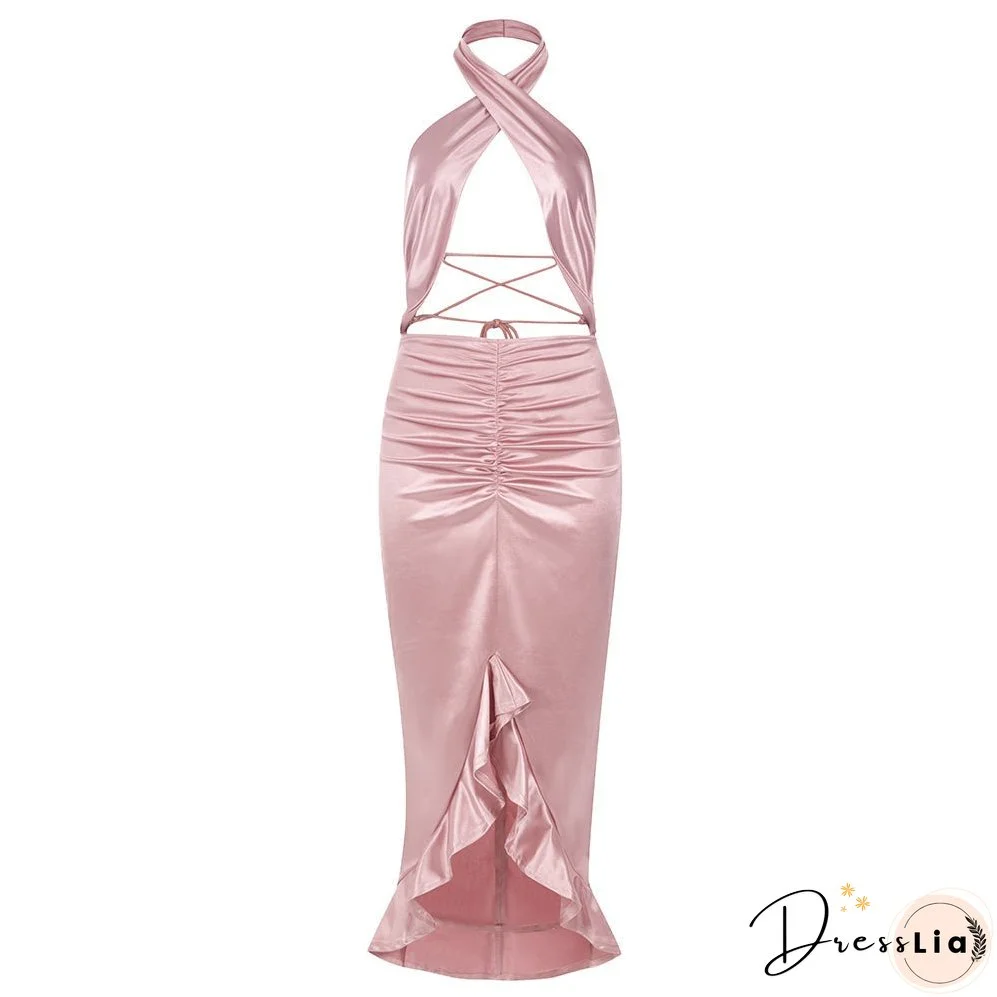 Halter Sleeveless Midi Hollow Out Bodycon Dress HB76640