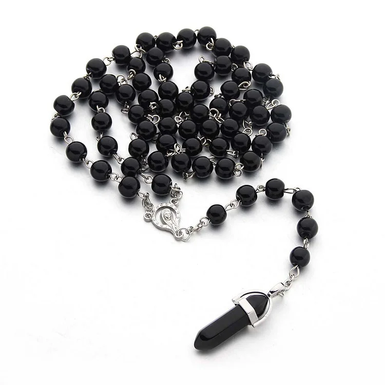 Olivenorma Obsidian Christianity Crystal Hexagon Pendant Rosary Necklace