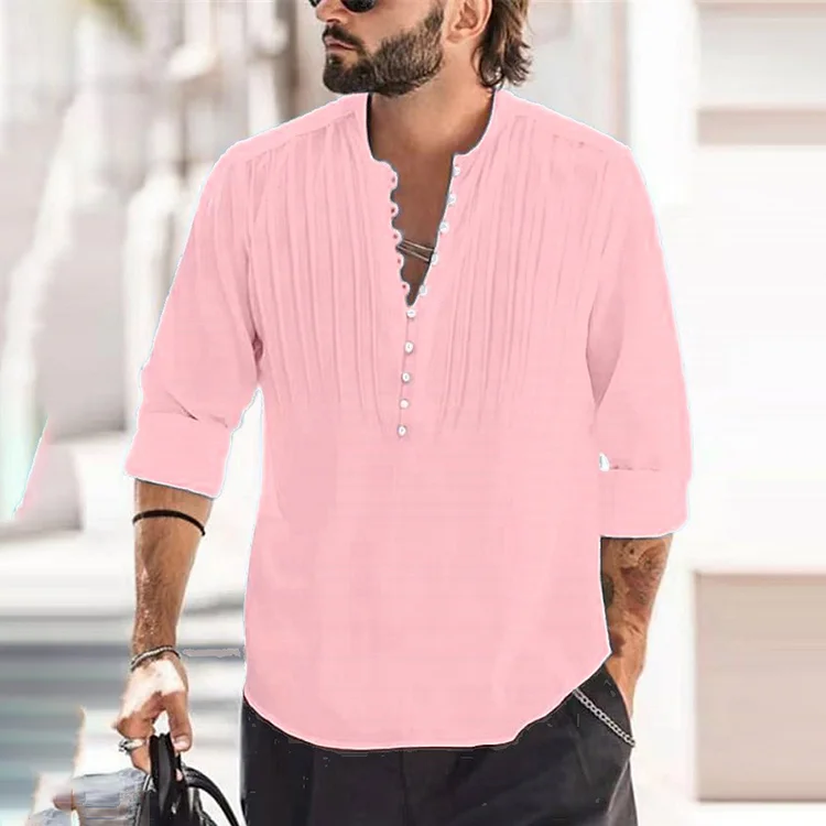 BrosWear V-Neck Button-Up Cotton Linen Shirt