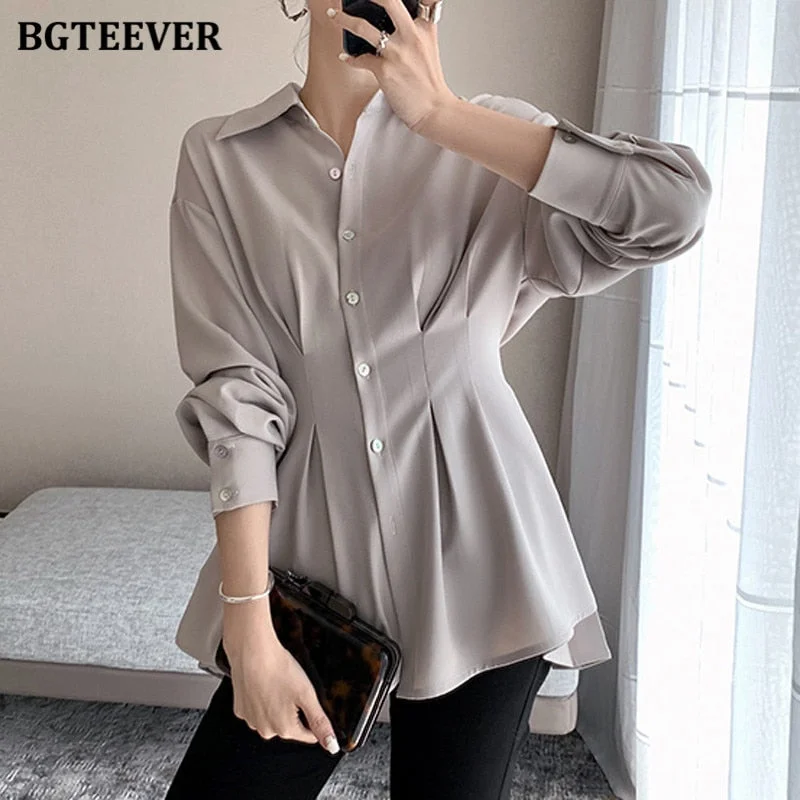 BGTEEVER Stylish Chic Turn-down Collar Women Chiffon Shirts Elegant Single-breasted Slim Waist Female Solid Blouses Tops 2021