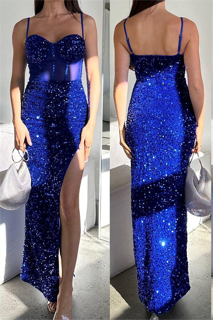 Lisliy Exquisite Sequins Royal Blue Spaghetti Strap Sleeveless Prom Dress with Beadings
