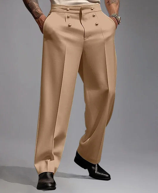 Fashion Button Mid-Rise Straight Solid Suit Pants 
