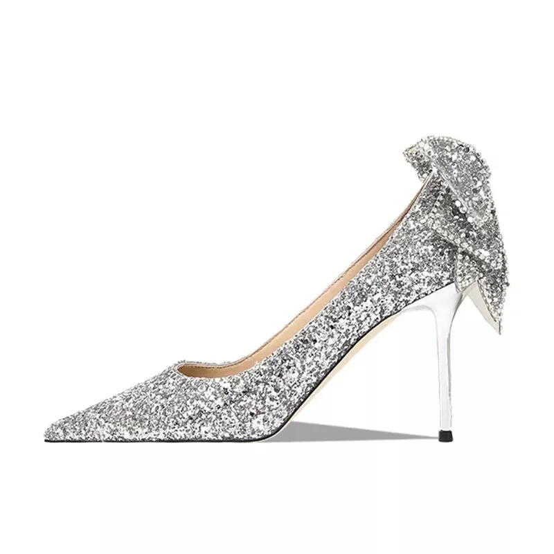 Zhungei Sequins Wedding Shoes for Women Bride 2024 Elegant Pointed Toe Thin Heels Pumps Woman Silver Crystal High Heels for Ladies