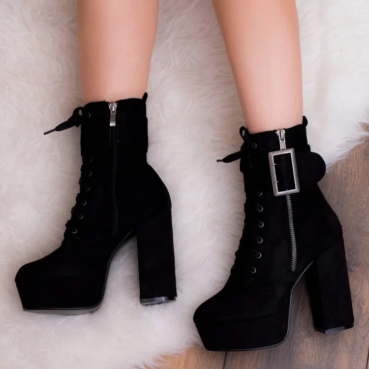 Black Suede Lace Up Platform Chunky Heel Ankle Boots Vdcoo