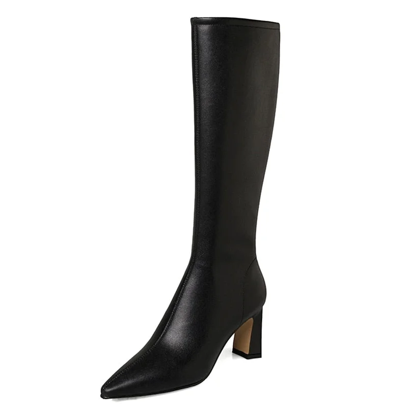 Meotina Women Genuine Leather Boots Thick High Heel Zipper Ladies Shoes Pointed Toe Knee High Boots Autumn Winter Apricot Black