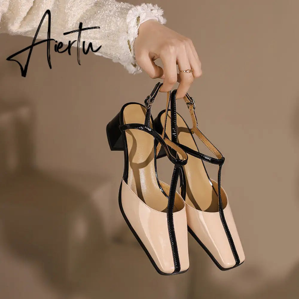 Aiertu Summer Women Shoes Cow  Leather Shoes for Women Square Toe Chunky Heel High Heels Retro Women Sandals Elegant Party Shoes Aiertu