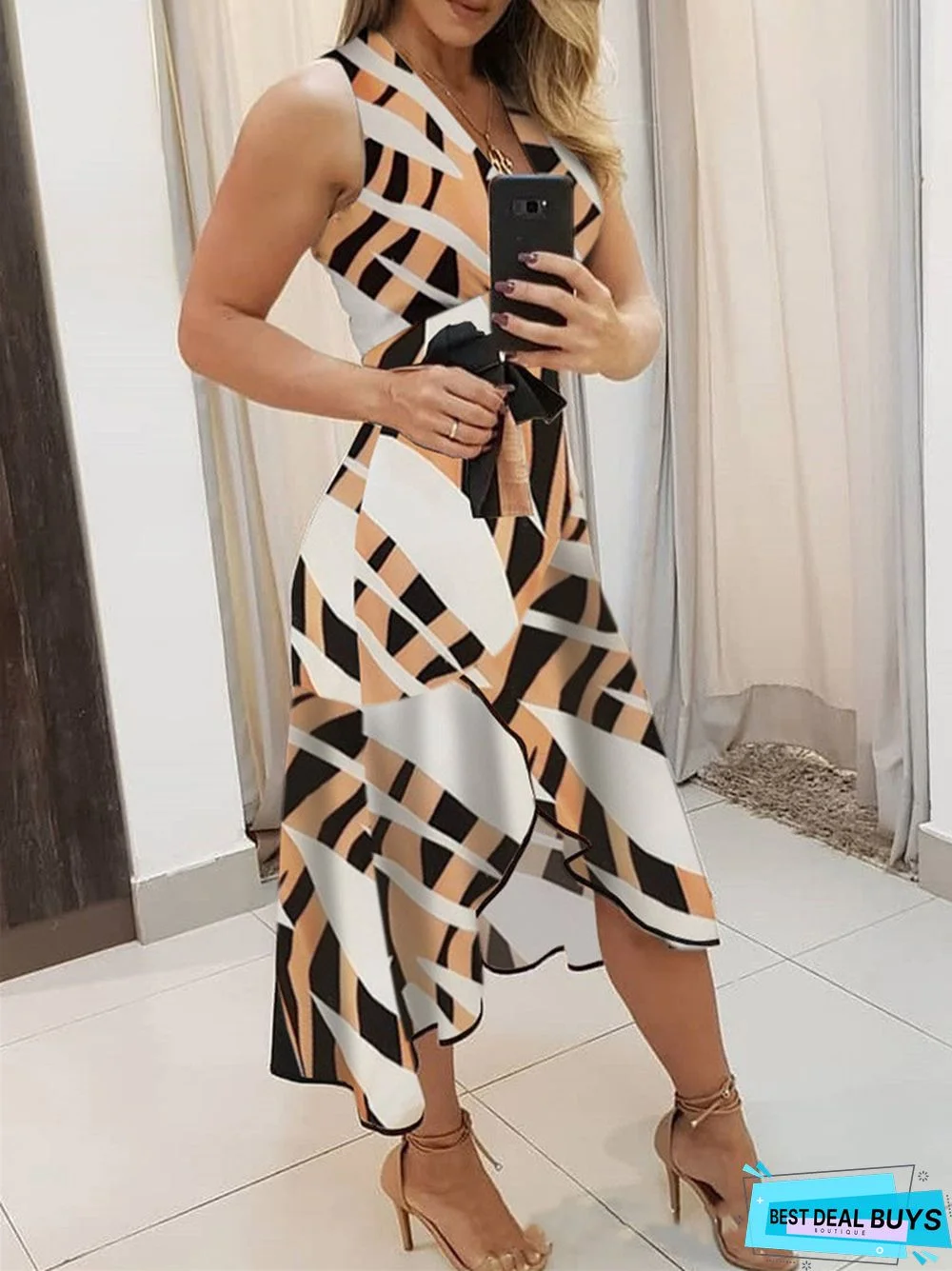 V-neck Sleeveless Printed Ladies Dress Full Skirt