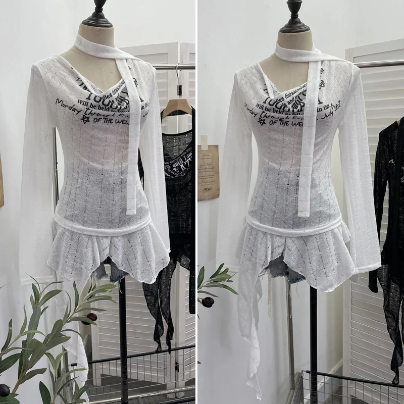 Nigikala Nigikala Shooting Retro Irregularly Hollow Knitted Jersey Dress Girl With Hottie Word Shoulder Collar Blouse 8101