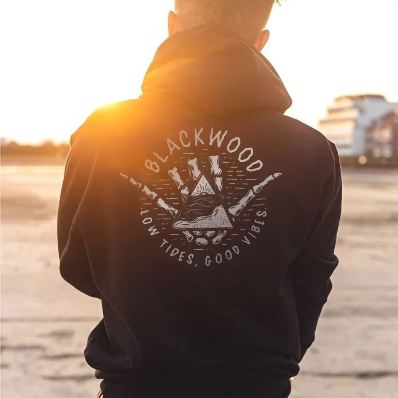 Black Wood Low Tides, Good Vibes Printed Men's Loose Casual Hoodie