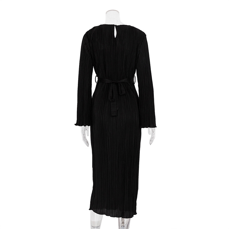 Ootddress Fashion Ruffled Lace-Up Long Dress Women Slim Long Sleeve Striped Pleated Party Dress Autumn 2025 Solid Gown Female Dress