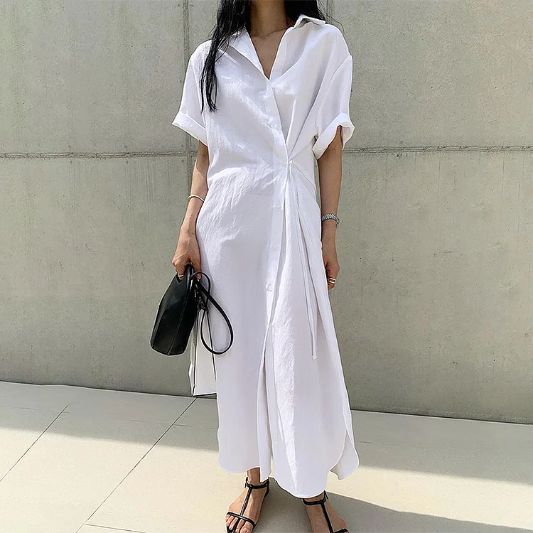 Simple Tight Waist Short Sleeve Maxi Dress - yankia