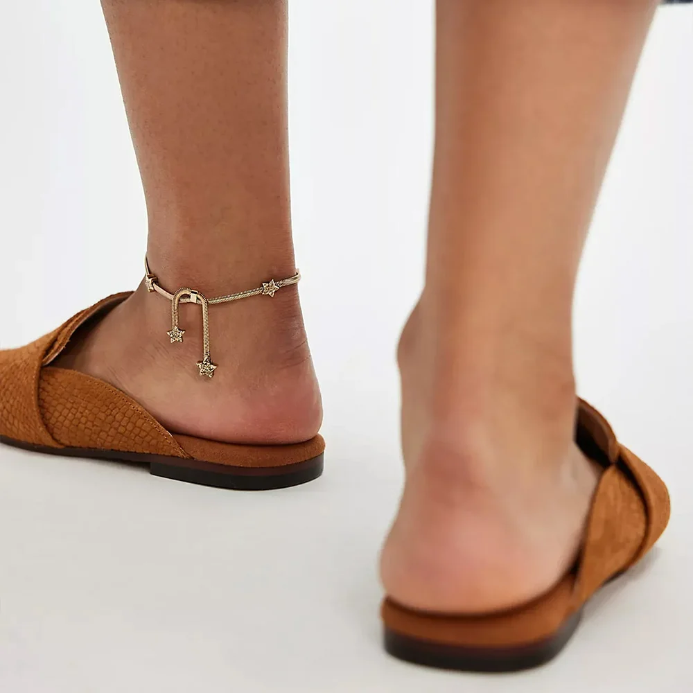 Brown Vegan Suede Snakeskin Embossed Square Toe Loafer Mules Shoes