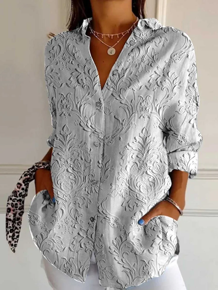 Women'Art Lace Flowers Pattern Cotton And Linen Shirt