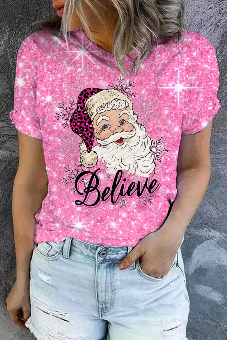 Pink Christmas Santa Print T-Shirt