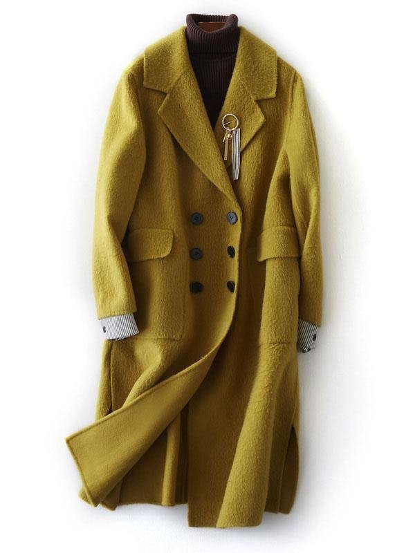 New Loose fitting long winter coat side open outwear green Notched Woolen Coats Women