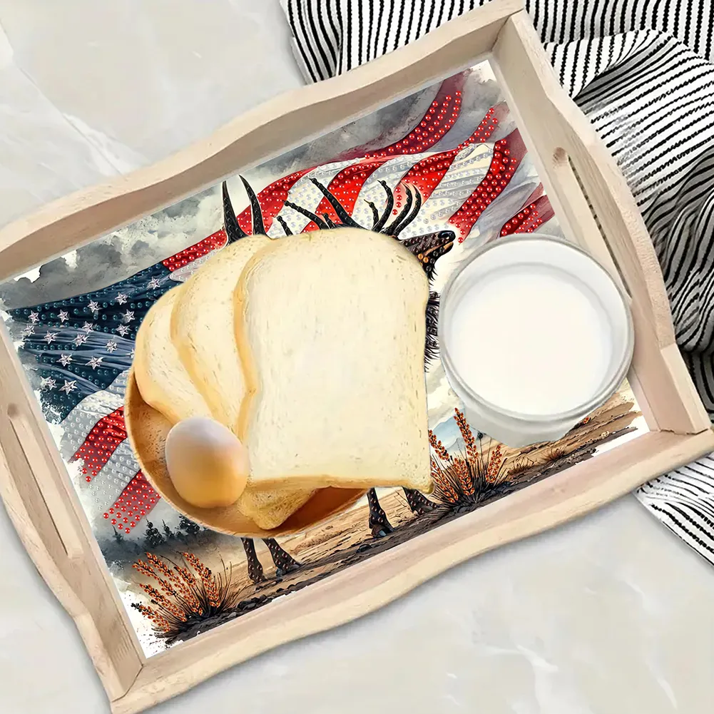 5D DIY Wooden US Flag Deer Diamond Painting Tray Art Craft for Desk Coffee Table