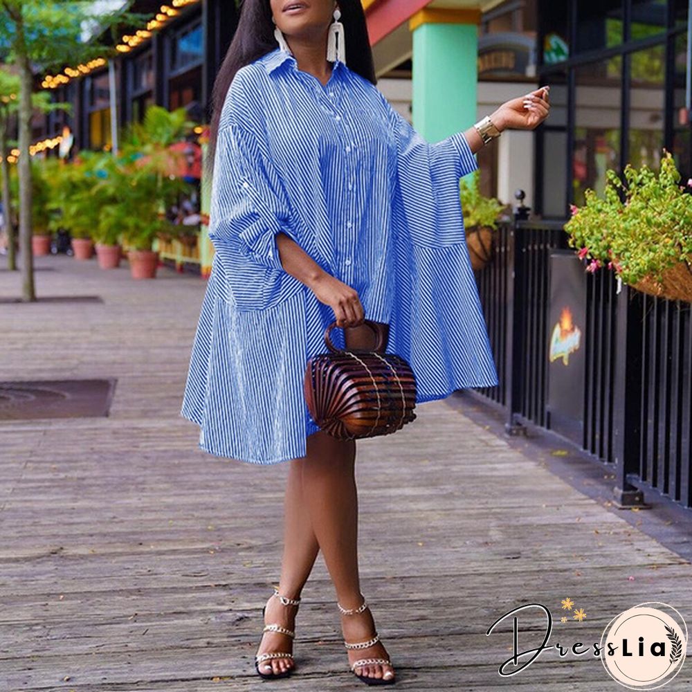 Women Fashion Pleated Ruffled Hem Baggy Irregular Hem Vestido S-5XL Batwing Sleeve Lapel Collar Striped Dresses