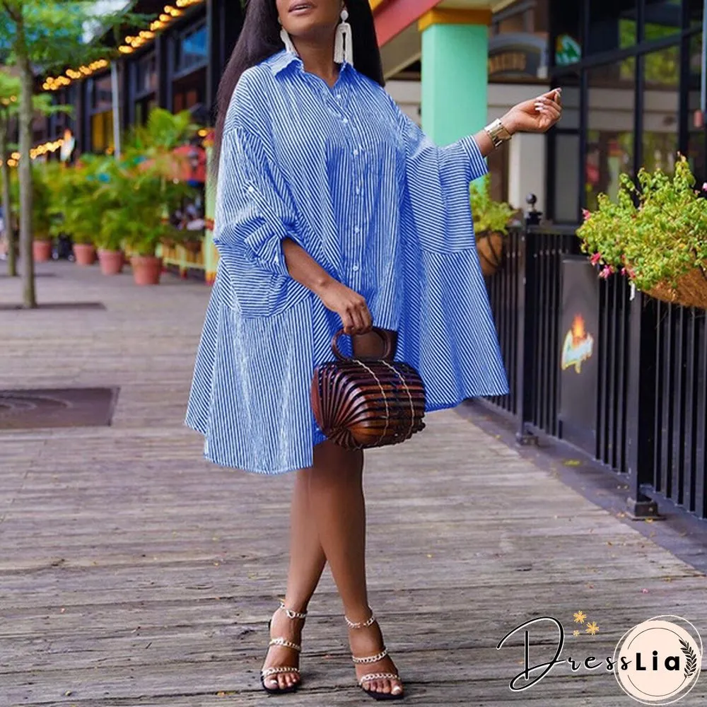 Women Fashion Pleated Ruffled Hem Baggy Irregular Hem Vestido S-5XL Batwing Sleeve Lapel Collar Striped Dresses