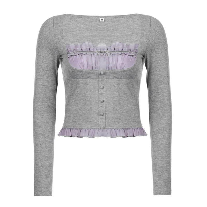 Xingqing Korean Cute Y2K Retro Cotton Tops Lace Patchwork Buttons Kawaii Tshirts Autumn Square Collar Chic Casual Shirts