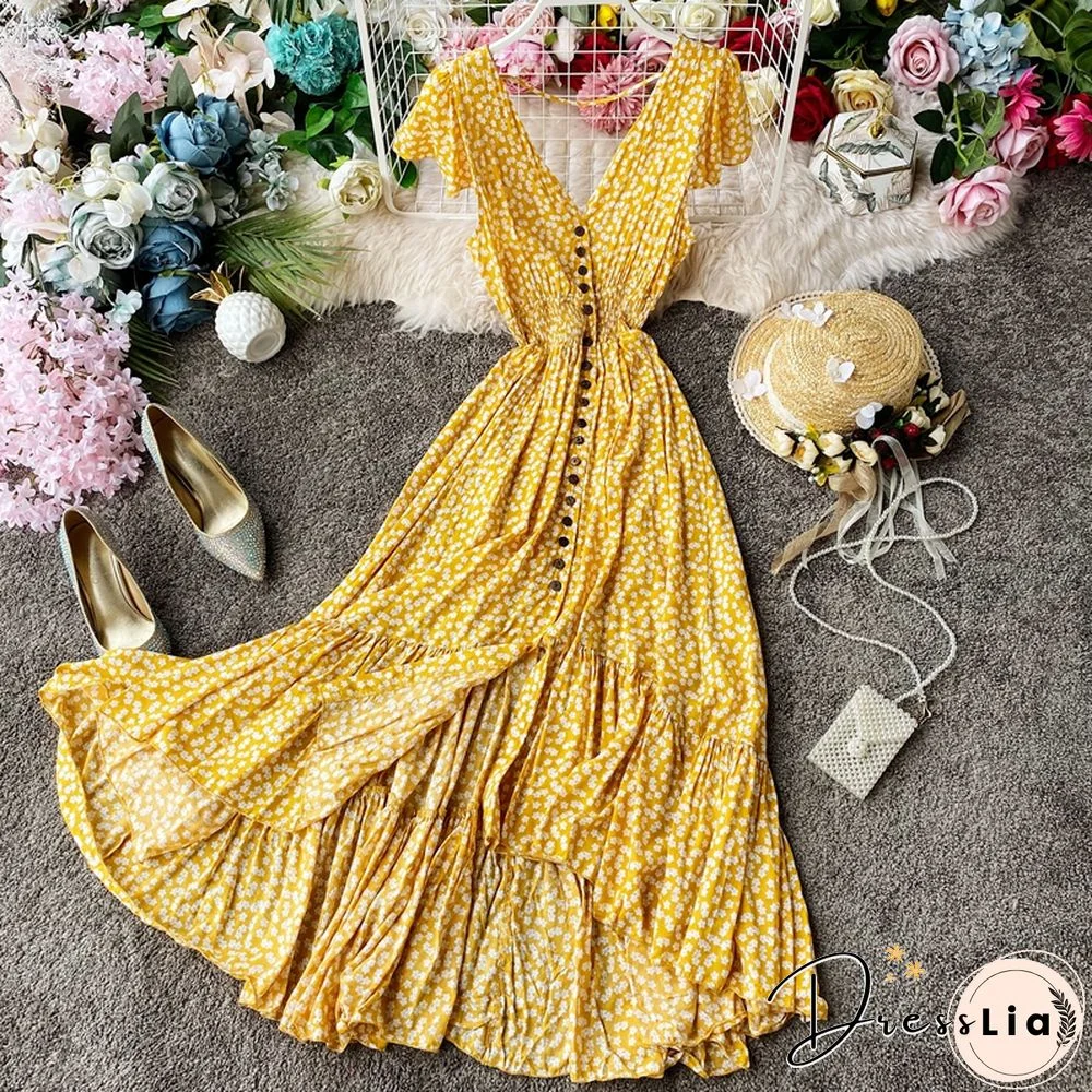 Summer Floral Maxi Dress Women Bohemian Irregular Cotton Backless Ruffle Long Dress Vintage Long Pleated Print Beach Sundress