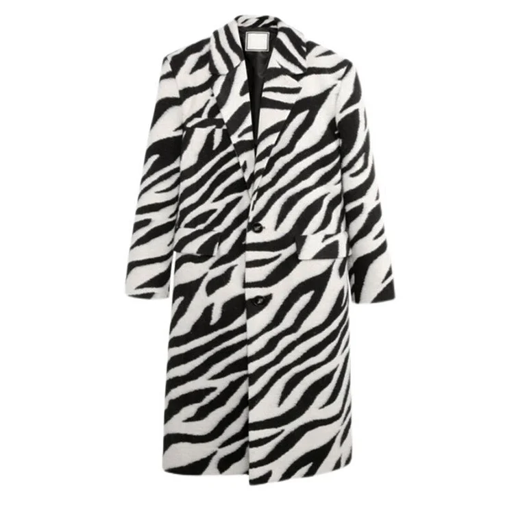 Fashion Loose Lapel Zebra Stripes Printed Long Sleeve Long Woolen Coat   