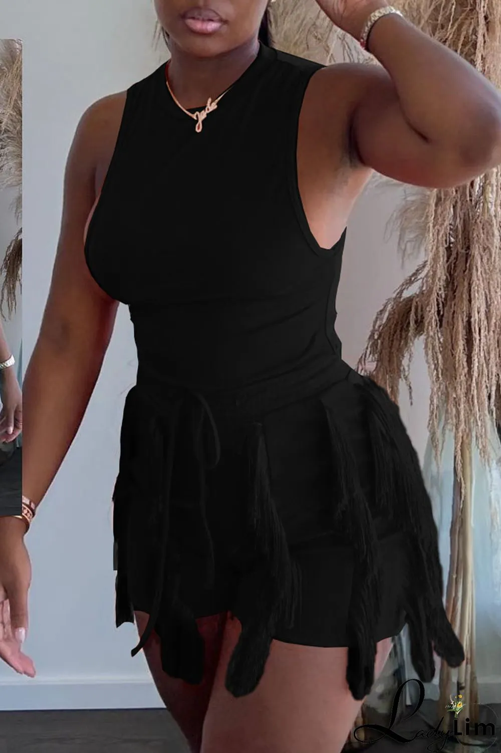 Black Casual Solid Tassel Patchwork O Neck Sleeveless Two Pieces