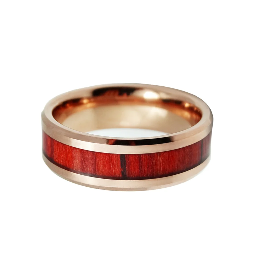8MM Mens Rose Gold Tungsten Rings Wood Inlay Polished Beveled Edge