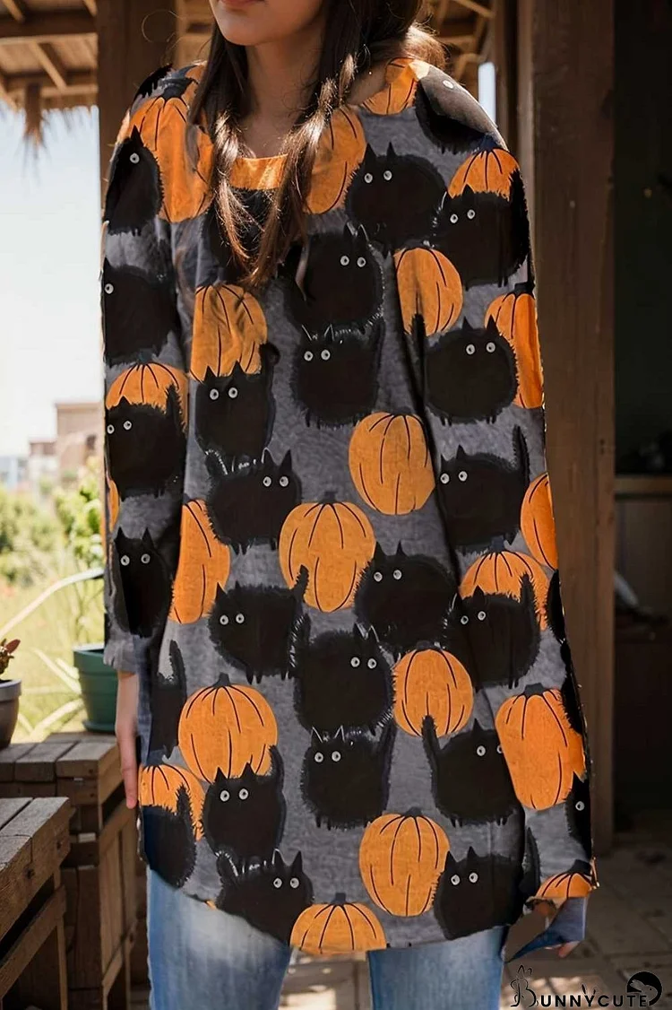 plus size halloween coat women s pus allover cat pumpkin print long sleeve open front medium stretch cardigan overcoat